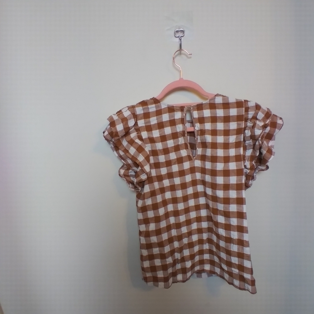 A New Day Neutral Plaid Linen Blend Short Ruffle Sleeve Blouse Size Medium - Picture 2 of 7